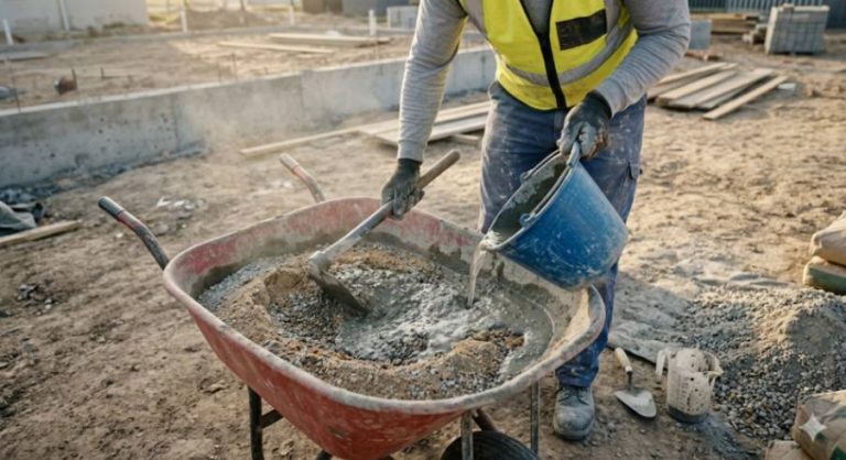 Construction Worker Mixing Concrete in Wheelbarrow - Manual Cement Preparation