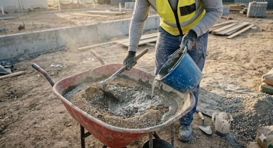 Construction Worker Mixing Concrete in Wheelbarrow - Manual Cement Preparation