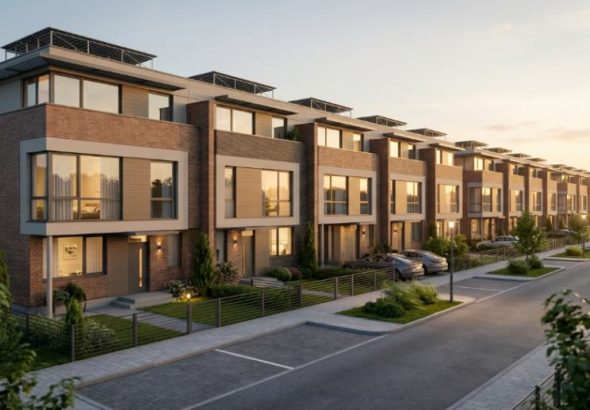 Modern Brick Townhouse Complex at Sunset - Architectural Visualization and Living