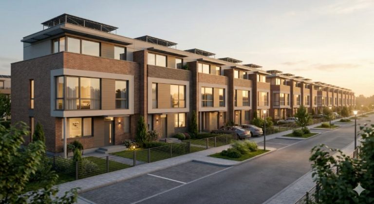 Modern Brick Townhouse Complex at Sunset - Architectural Visualization and Living