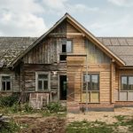 Modern and Historic Wooden House Transformation Symmetrical Before and After Reconstruction on Countryside.