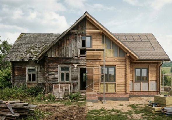 Modern and Historic Wooden House Transformation Symmetrical Before and After Reconstruction on Countryside.