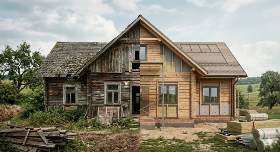 Modern and Historic Wooden House Transformation Symmetrical Before and After Reconstruction on Countryside.