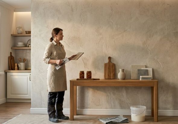 Female interior finisher admiring completed textured decorative plaster feature wall.