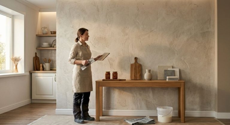 Female interior finisher admiring completed textured decorative plaster feature wall.