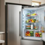 Open stainless steel refrigerator stocked with fresh produce and containers.