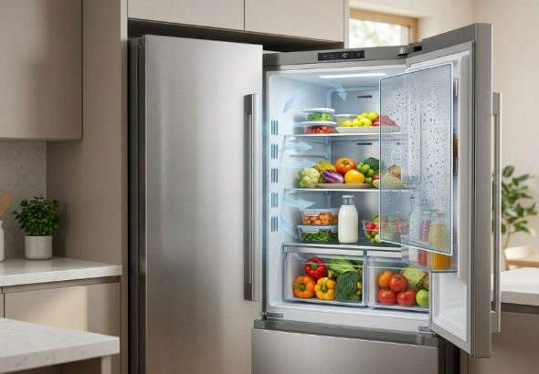 Open stainless steel refrigerator stocked with fresh produce and containers.