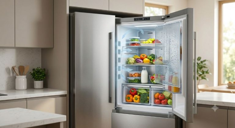 Open stainless steel refrigerator stocked with fresh produce and containers.