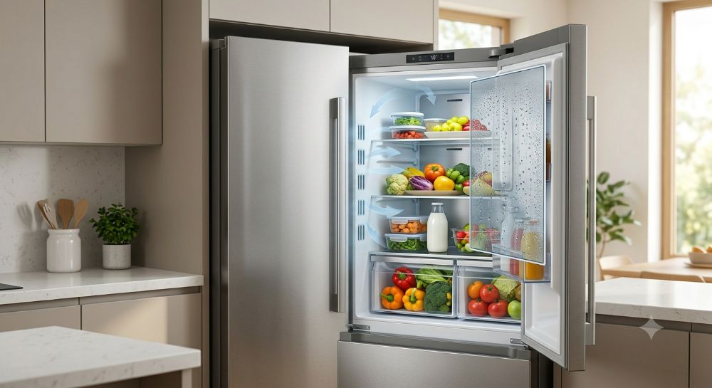 Open stainless steel refrigerator stocked with fresh produce and containers.