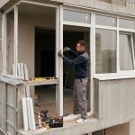 A man in workwear installs windows on a balcony.