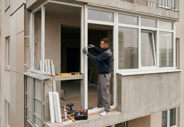 A man in workwear installs windows on a balcony.