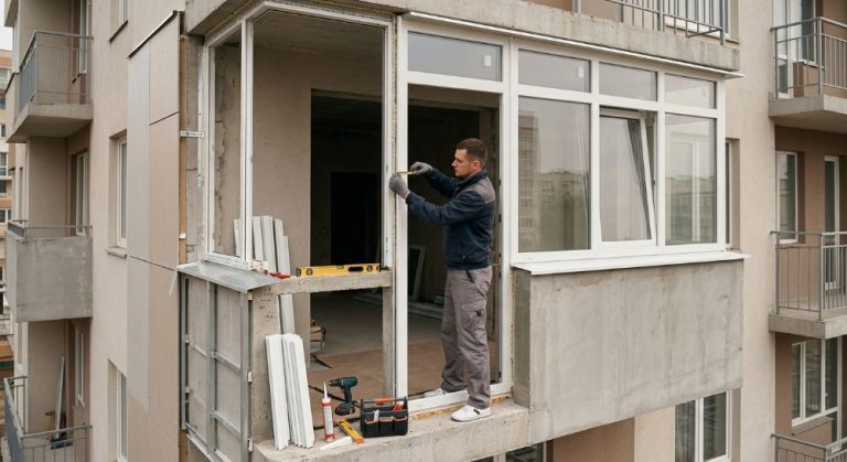 A man in workwear installs windows on a balcony.