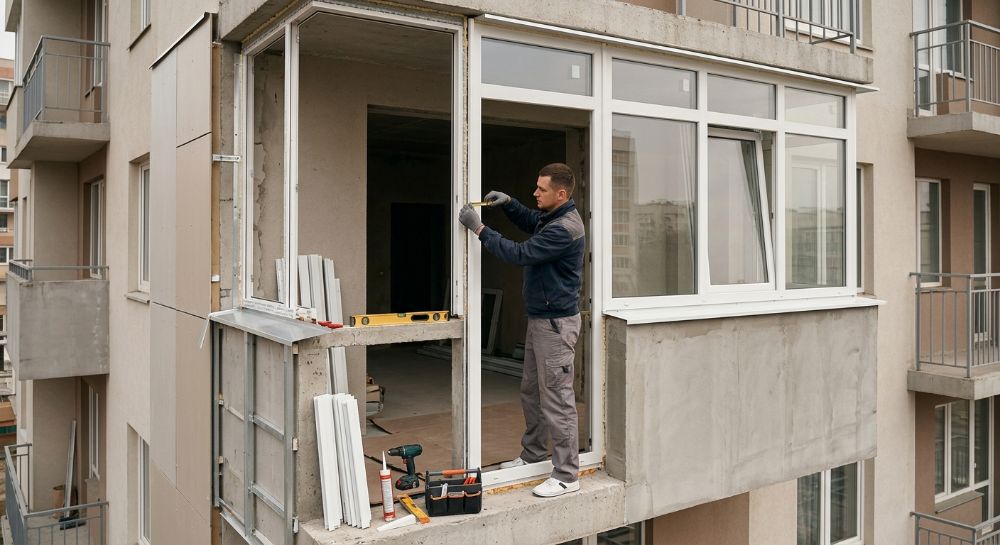 A man in workwear installs windows on a balcony.