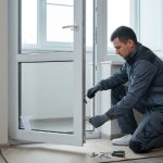 A technician adjusts a white PVC balcony door's lower hinge.