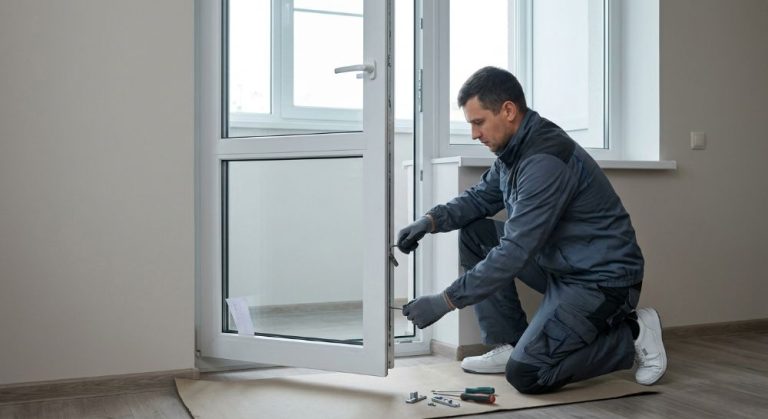 A technician adjusts a white PVC balcony door's lower hinge.