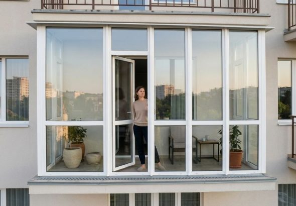 A woman stands inside a modern, floor-to-ceiling glazed balcony.