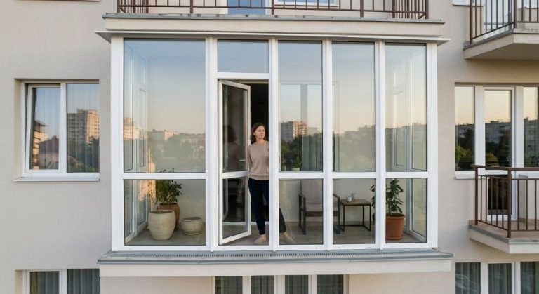 A woman stands inside a modern, floor-to-ceiling glazed balcony.