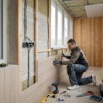 Man in workwear installs wood paneling on balcony.