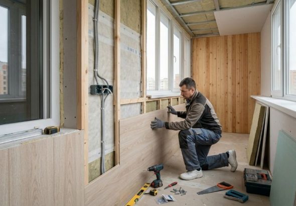 Man in workwear installs wood paneling on balcony.