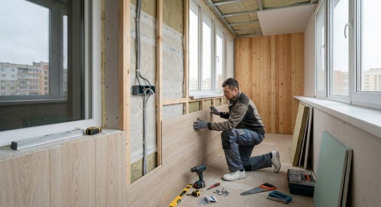 Man in workwear installs wood paneling on balcony.