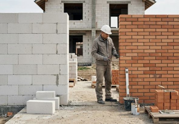 Будівельник порівнює стіни з газоблоку та цегли на будівництві