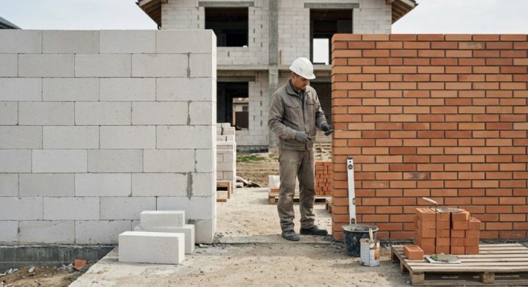 Будівельник порівнює стіни з газоблоку та цегли на будівництві