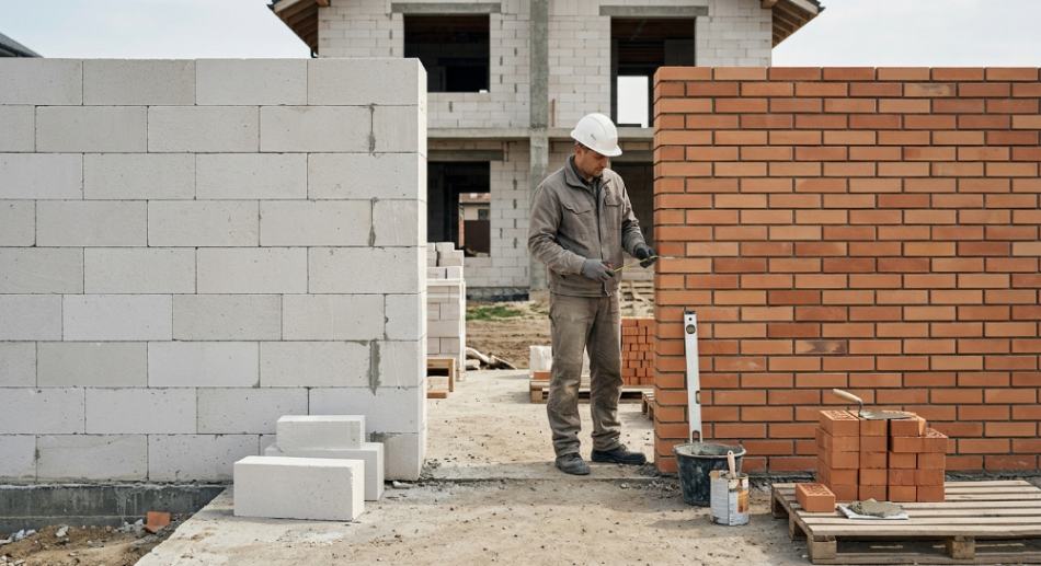Будівельник порівнює стіни з газоблоку та цегли на будівництві