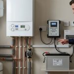 Настінна газова колонка та джерело безперебійного живлення з підключеним акумулятором під час огляду фахівцем у побутовій котельні.