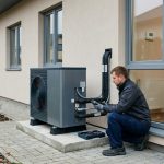 Технічне обслуговування теплового насосу біля будинку.