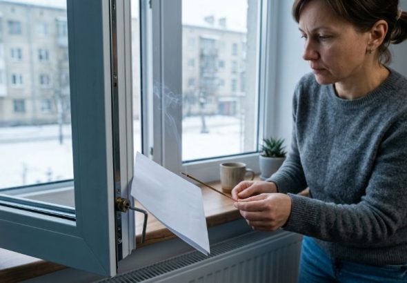 Жінка перевіряє протяг у пластиковому вікні аромапаличкою та папером.