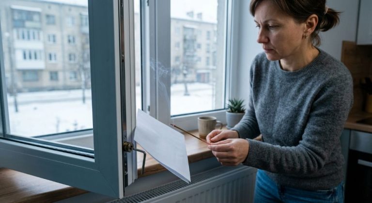 Жінка перевіряє протяг у пластиковому вікні аромапаличкою та папером.