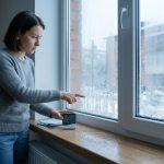Жінка перевіряє вологість біля запотілого пластикового вікна з гігрометром.