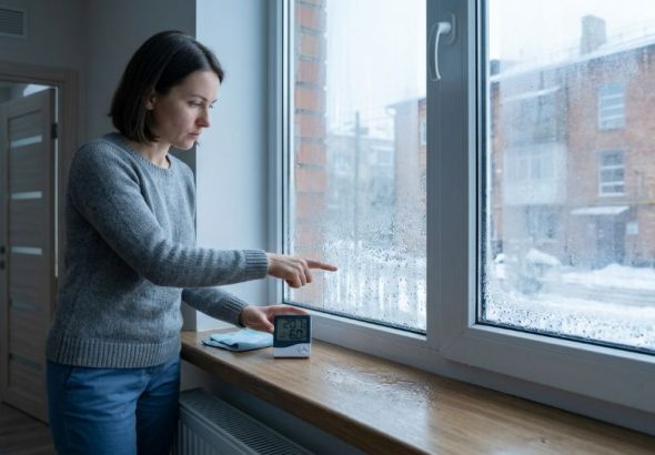 Жінка перевіряє вологість біля запотілого пластикового вікна з гігрометром.