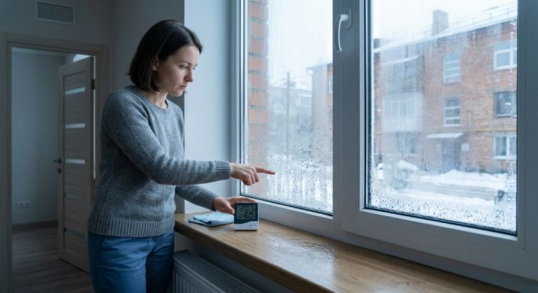 Жінка перевіряє вологість біля запотілого пластикового вікна з гігрометром.
